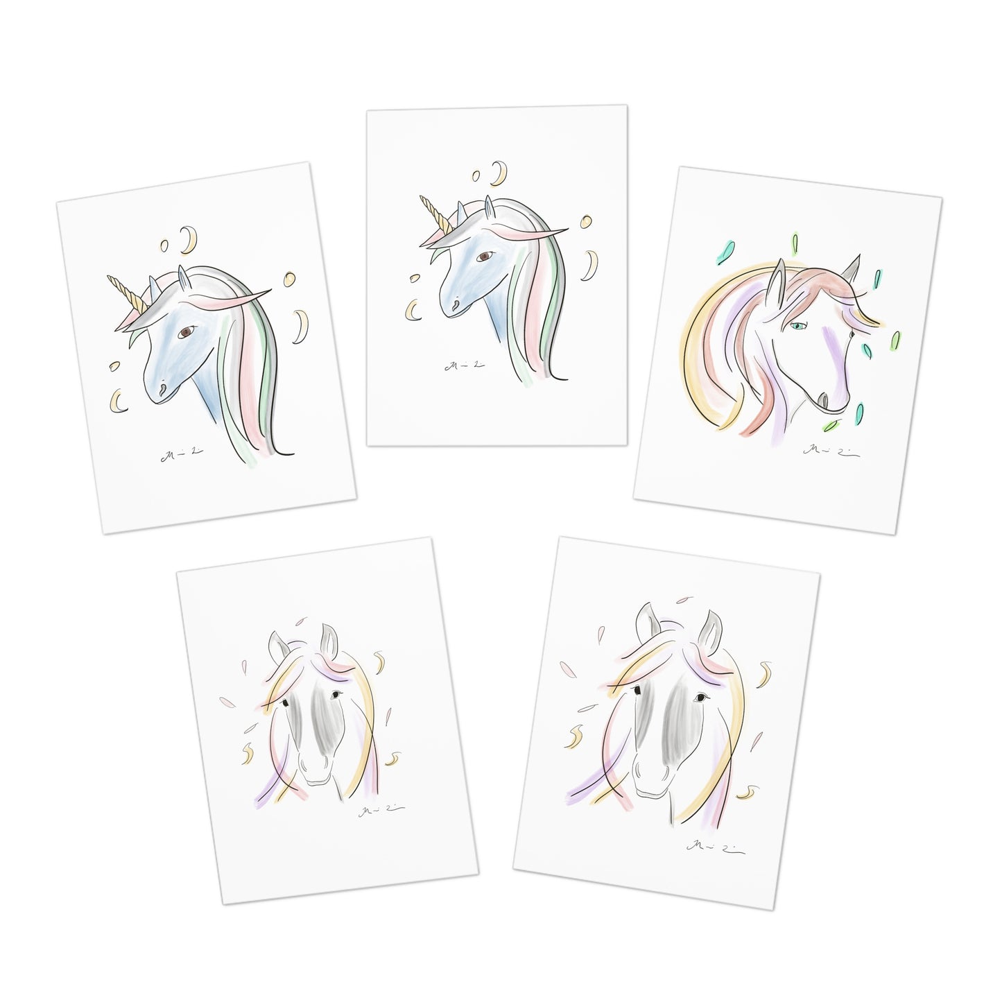 Whimsical Horse and Unicorn Greeting Cards  - Variety Set of 5