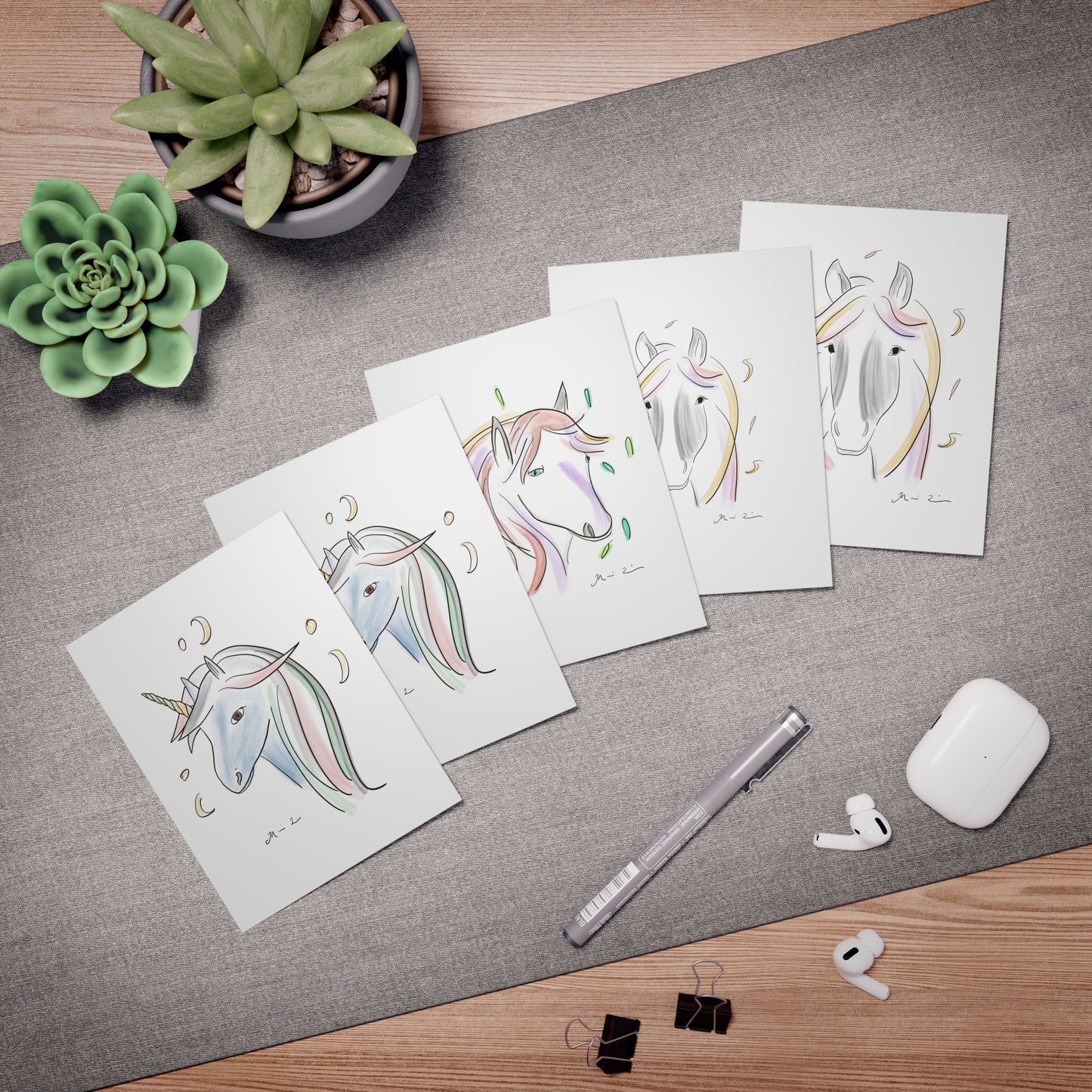 Whimsical Horse and Unicorn Greeting Cards  - Variety Set of 5